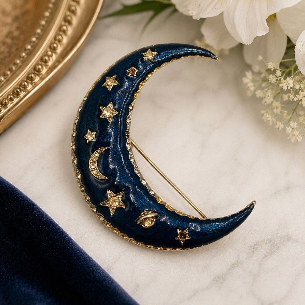VTG 1980s Blue Enamel Crescent Moon Celestial Brooch Saturn Stars Gold Tone